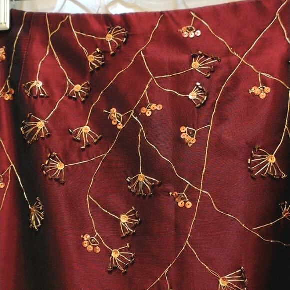 Laundry Shelli Segal Satin Maxi Skirt Sz 6 Red BURGUNDY BEADED Embroidery Party - Picture 5 of 8